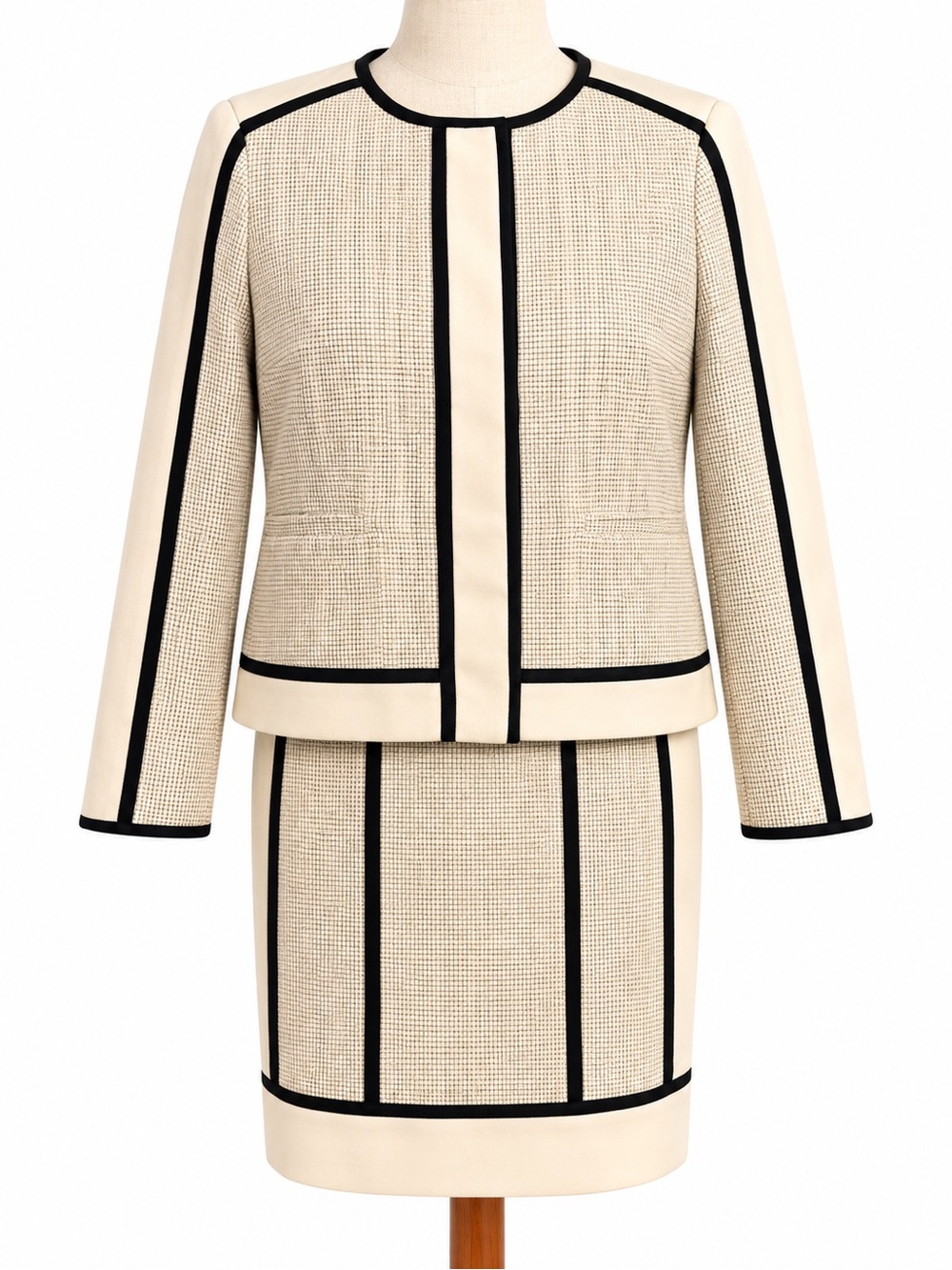 Ann Taylor Factory Cream and Black Trim Two-Piece Skirt Suit